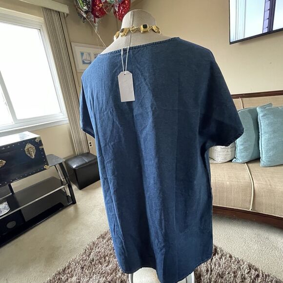 Women's XXL Denim Midi Dress Modest Country Western Short Sleeve Pockets Boho - Picture 7 of 12